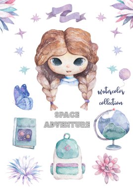 Şirin suluboya romantik kız, kahverengi saçlı, yapraklı, çiçekli, çiçek arkaplanlı. Küçük prenses için karikatür çizimi. Bebek partisi, doğum günü, davetiye için klip sanatı