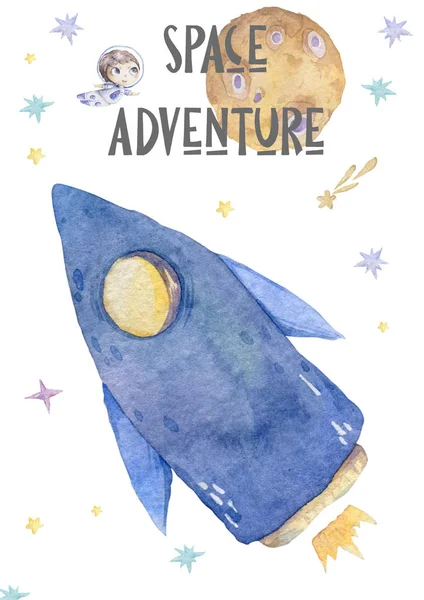 Aranyos rajzfilm akvarell rakéta ikon beállítva az űrben háttér. Színes kék repülő shuttle illusztráció, elszigetelt clip art kis űrhajós babaköszöntő — Stock Fotó