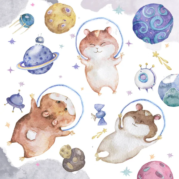 Terima kasih lettering kartu hadiah dengan hamster bahagia dan planet lucu dengan kapal ruang angkasa dan latar belakang kosmik. gambar cat air . — Stok Gambar Terima kasih lettering kartu hadiah dengan hamster bahagia dan planet lucu dengan kapal ruang angkasa dan latar belakang kosmik. gambar cat air . Stok Gambar