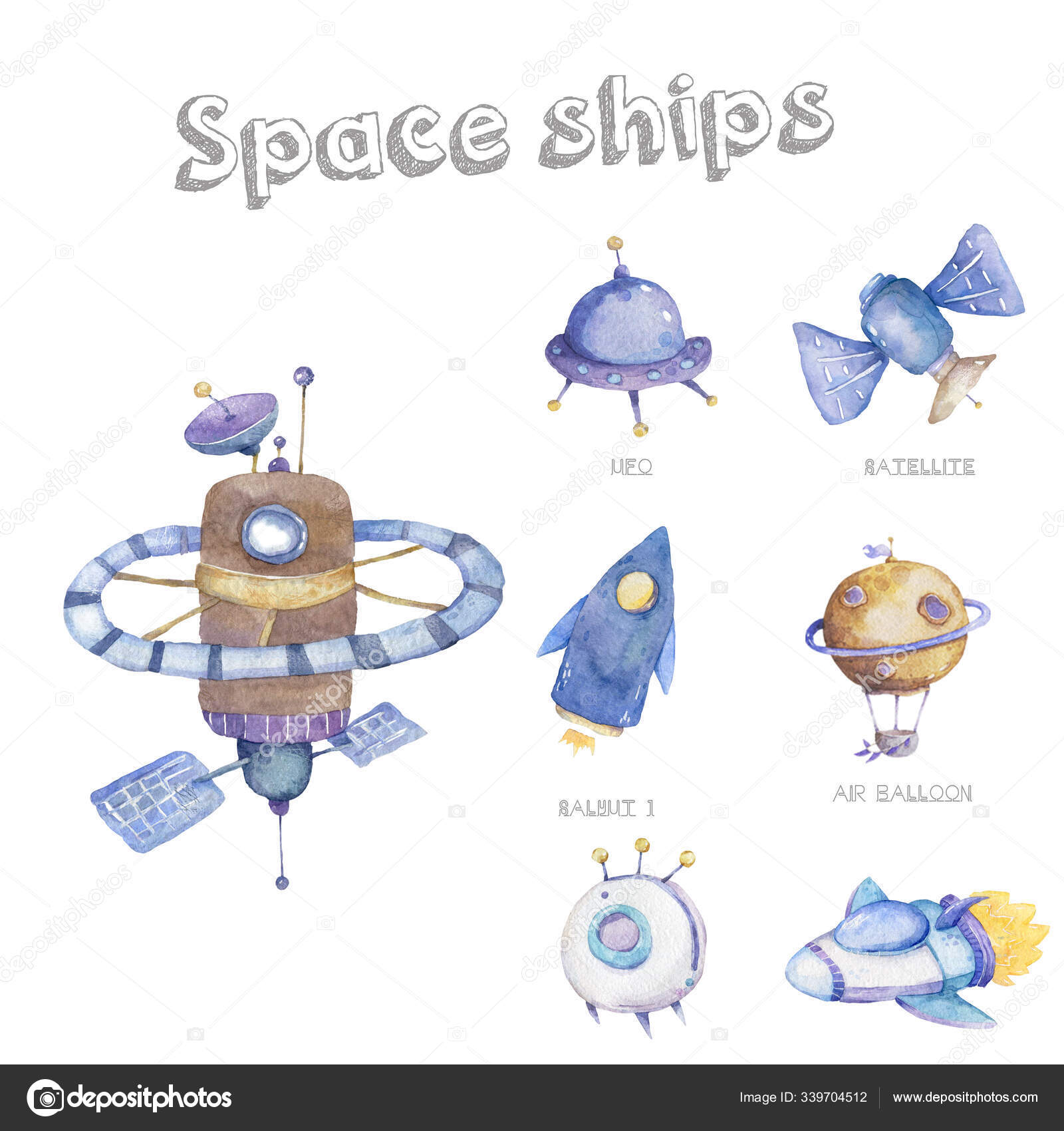 Cartoon spaceship set. watercolor illustration on white isolated background. Colorful hand draw clip art cosmic collection Stock Photo by ©arthouze 339704512 Cartoon spaceship set. watercolor illustration on white isolated background. Colorful hand draw clip art cosmic collection Stock Photo by ©arthouze 339704512