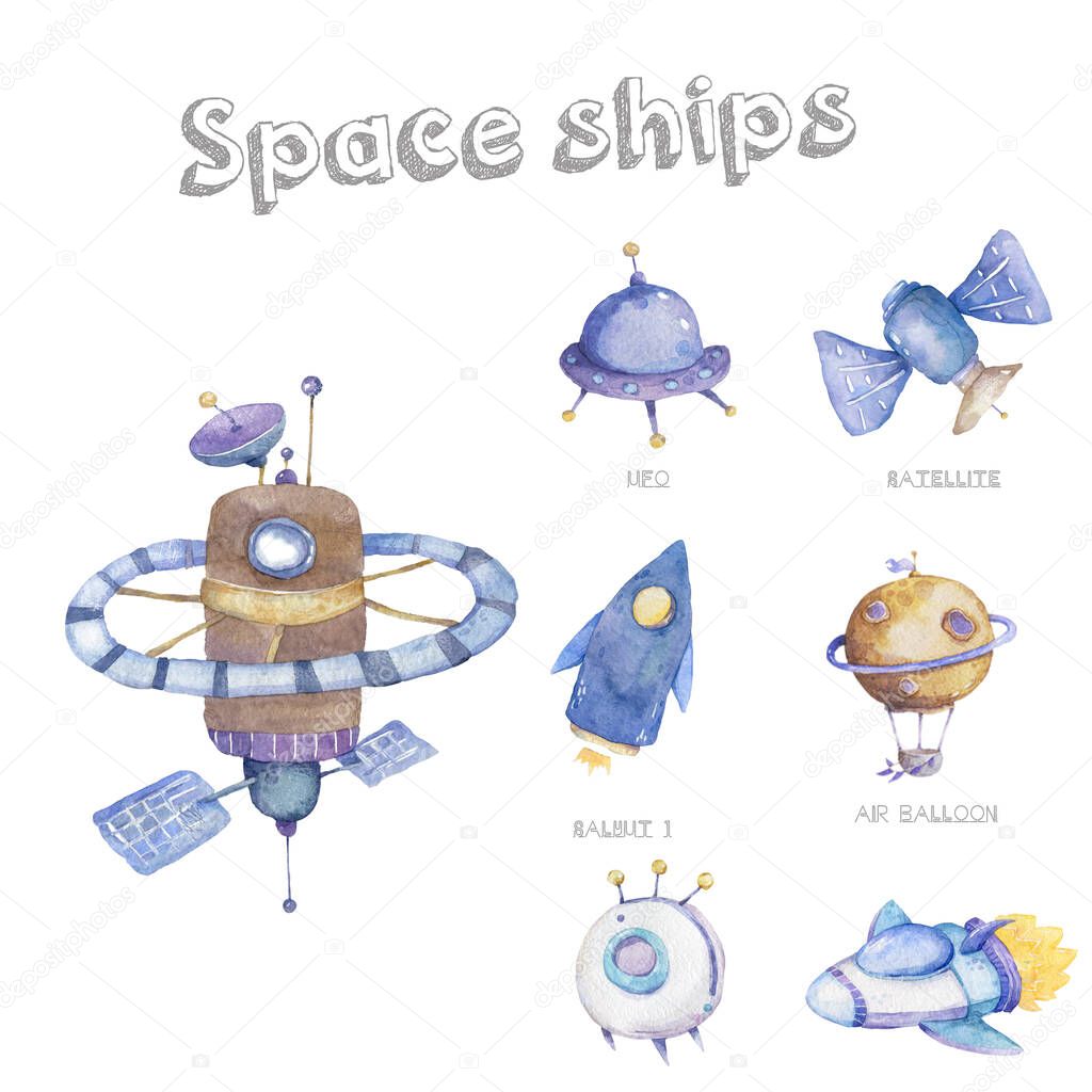 cartoon spaceship set. watercolor illustration on white isolated background. Colorful hand draw clip art cosmic collection