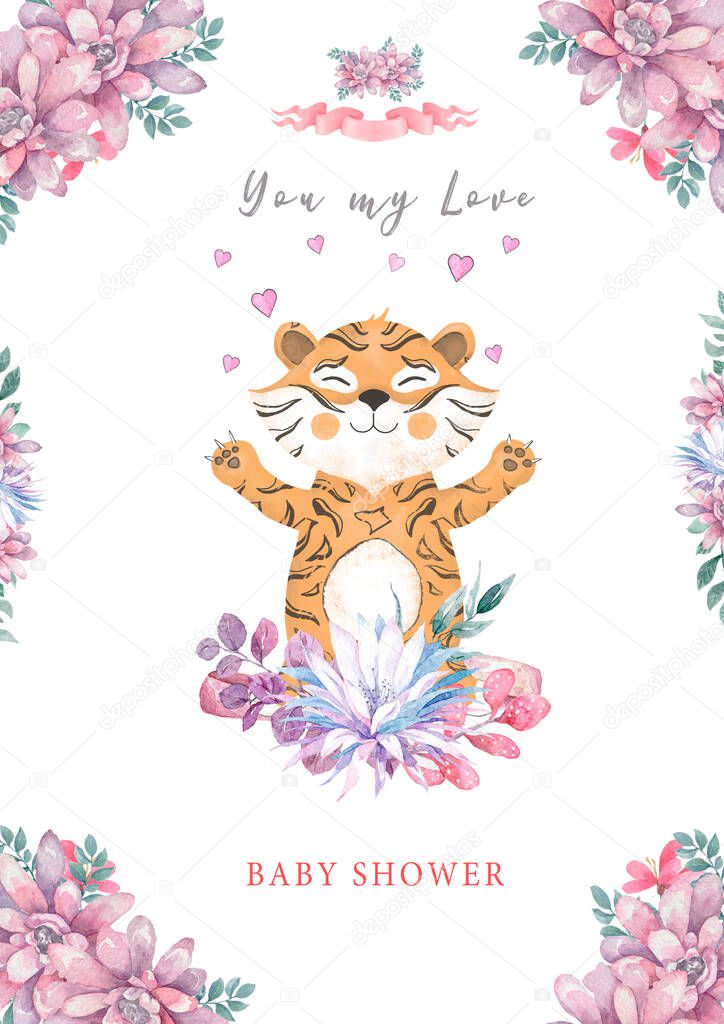 Cute Little Lion Portrait in Flower Wreath Cute watercolor cartoon illustration isolated background. Nursery animal for baby shower, invite with flowers and floral