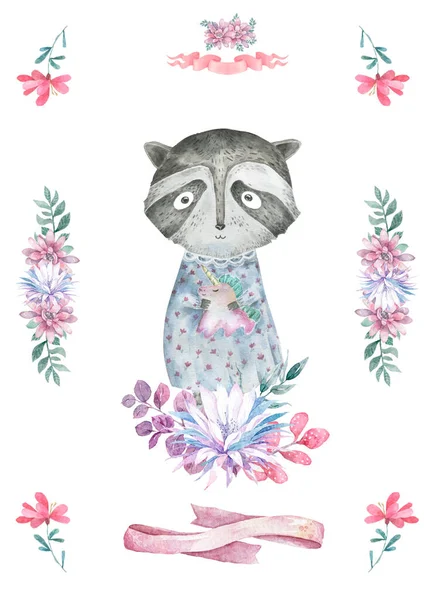 用可爱的浣熊来迎接生日贺卡的设计。水彩画。Boho粉红色的花和花束。卡通剪贴画 — 图库照片