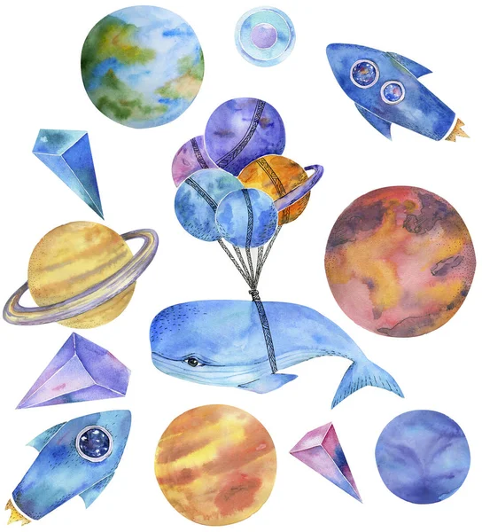 Space Whale watercolor fantasy whale on milky way solar system flying blue Rockets Planents Earth character drawing illustration geometric art for birthday party print celebration on white background — Stock Photo, Image
