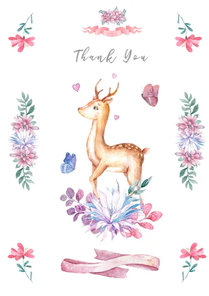 Bonito cervo bebê e roqueiro com saboroso bolo animal ilustração isolada para crianças. Bohemian watercolor boho forest deer family watercolor drawing Perfeito para pôsteres de berçário. Concurso de aniversário . — Fotografia de Stock