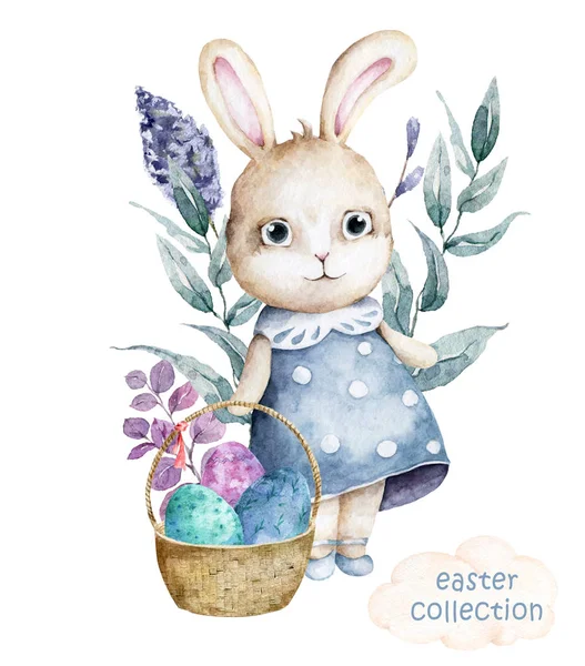 Acuarela dibujada a mano feliz Pascua conjunto con diseño de conejos. Conejo de estilo bohemio, ilustración boho aislado en blanco. Lindo conejito bebé conejo ilustración para el diseño —  Fotos de Stock