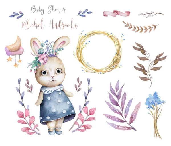 Ručně kreslené akvarel šťastný velikonoční set s králíčci design. Králík akvarel ilustrace, izolované boho styl na bílém pozadí Baby sprchový lístek — Stock fotografie