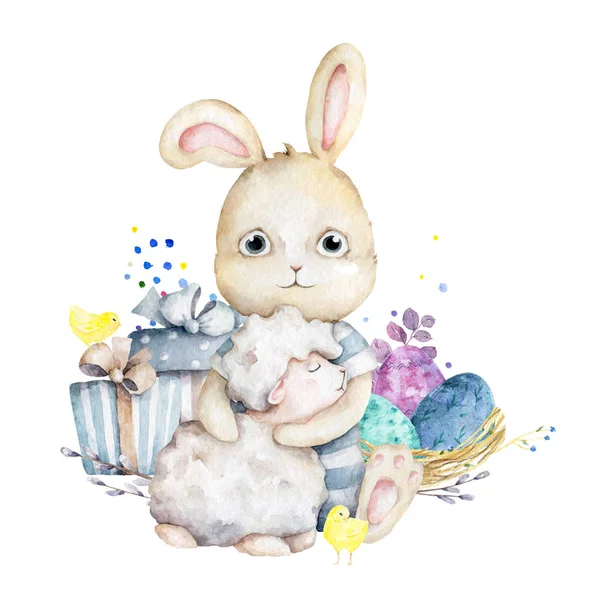 Ручная рисованная акварель счастливый пасхальный набор с кроликами с овцами и мельница дизайн. Кролик в карикатурном стиле, изолированная иллюстрация на белом фоне — стоковое фото