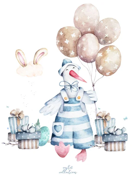 Weiße Gans Cartoon trägt einen Hut mit Luftballon und Osterei mit Geschenkbox. Hand zeichnen niedliche Aquarell-Illustration für Design — Stockfoto