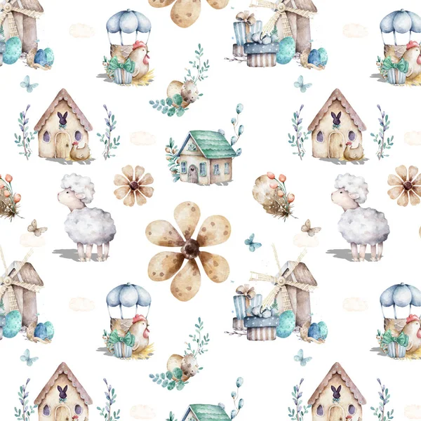 Cute baby sheep animal seamless pattern, farm illustration for children clothing. Farm watercolor Hand drawn boho image for cases design, nursery posters, postcards — 스톡 사진