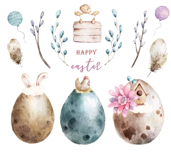 Watercolor Happy Easter set, Colored eggs with pink flower and spring floral, isolated on a white background, vintage watercolor illustration for design postcard — 스톡 사진