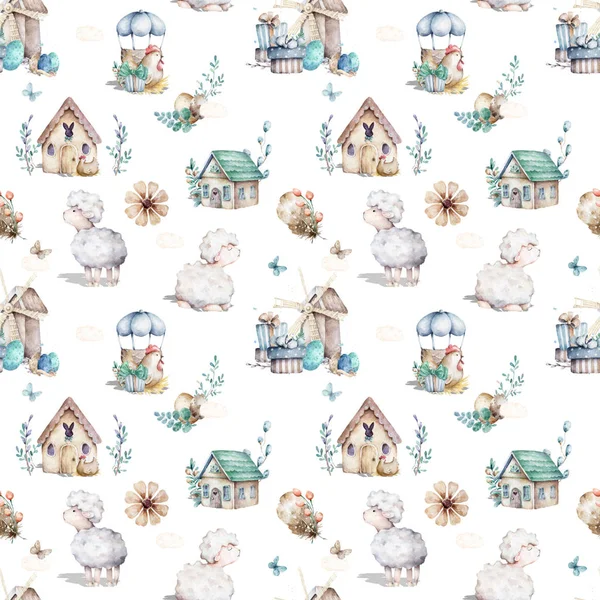 Cute baby sheep animal seamless pattern, farm illustration for children clothing. Farm watercolor Hand drawn boho image for cases design, nursery posters, postcards — 스톡 사진