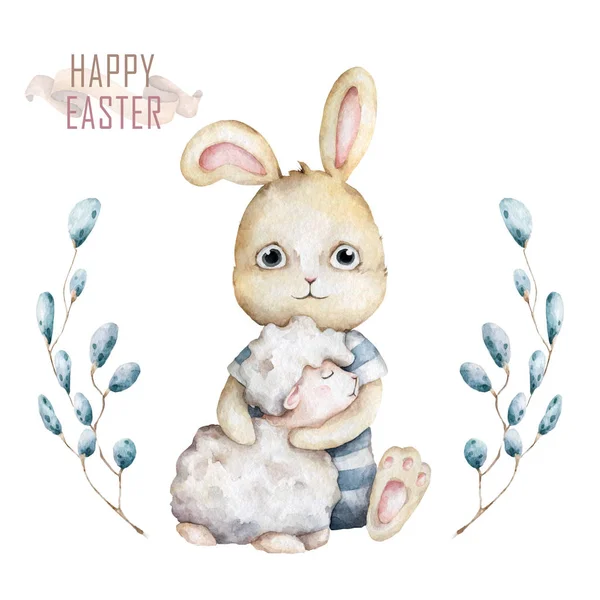 Acquerello disegnato a mano felice Pasqua set con coniglietti con pecore e mulino design. Coniglio bohemien stile cartone animato, isolato boho illustrazione su sfondo bianco — Foto Stock