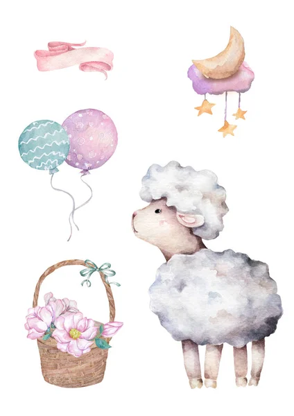 Bílé ovčí jehněčí. Roztomilé akvarel kreslené ilustrace Izolované na bílém pozadí Set pro design — Stock fotografie