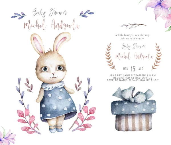 Hand drawn watercolor happy easter set with bunnies design. Rabbit watercolor illustration with prize box and text, isolated boho style on white background Baby shower card — Stock Photo, Image