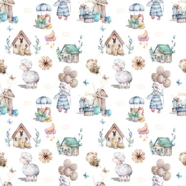 Sevimli koyun yavrusu kusursuz desen, çocuk kıyafetleri için çiftlik illüstrasyonu. Çiftlik suluboya El, vaka tasarımı, çocuk odası posterleri, kartpostallar için boho resmi çizdi