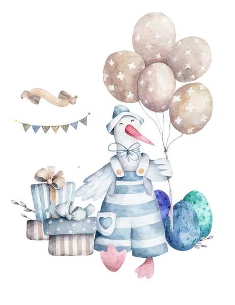 Dibujos animados de ganso blanco con un sombrero con globo y huevo de Pascua con caja de regalo. Dibuja a mano linda ilustración de acuarela para el diseño —  Fotos de Stock