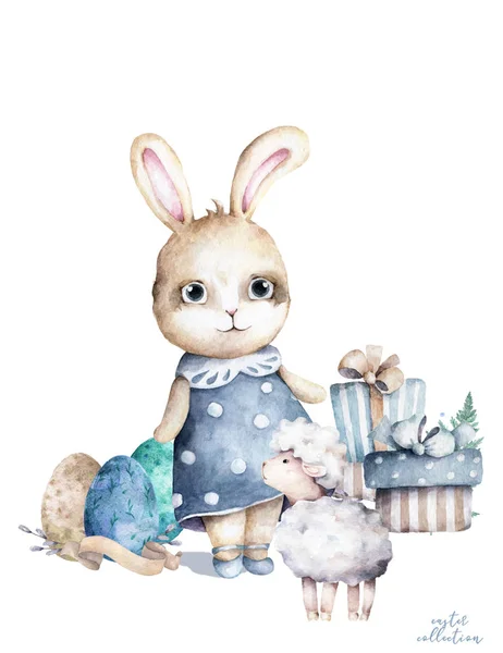 Рука нарисована акварелью счастливый пасхальный милый кролик с овцами и мельница дизайн. Кролик в карикатурном стиле, изолированная иллюстрация на белом фоне — стоковое фото