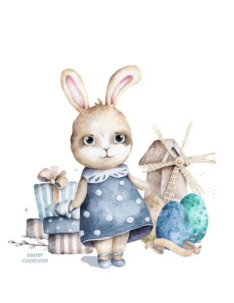 Aquarelle dessinée à la main heureux lapin de Pâques mignon avec moutons et conception du moulin. Lapin style dessin animé bohème, illustration boho isolé sur fond blanc — Photo