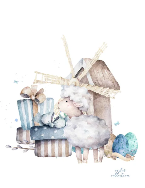 Шаблон дизайна плаката пасхального яйца. Симпатичная акварельная овчинка с подарочной коробкой, на белом фоне. Концепция баннера, флаера, приглашения, поздравительные открытки, праздничные фоны . — стоковое фото