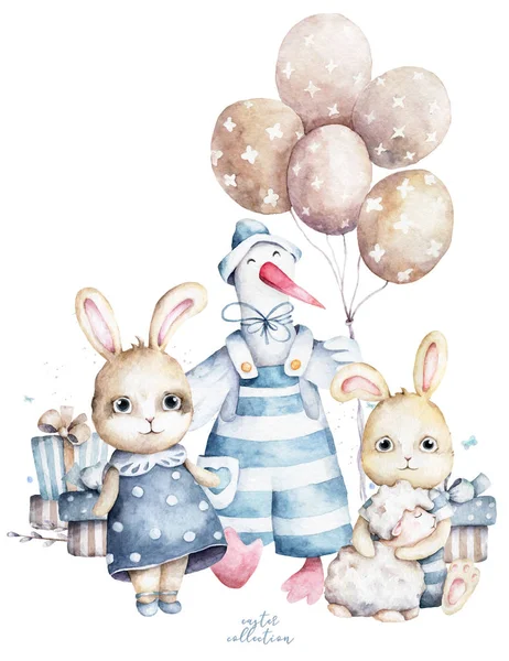 Niedlichen Hasen und Gänse Karikatur mit einem Hut mit Luftballon und Osterei mit Geschenkbox. Hand zeichnen niedliche Aquarell-Illustration für Design — Stockfoto