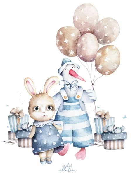 Lindo conejito y ganso de dibujos animados con un sombrero con globo y huevo de Pascua con caja de regalo. Dibuja a mano linda ilustración de acuarela para el diseño —  Fotos de Stock