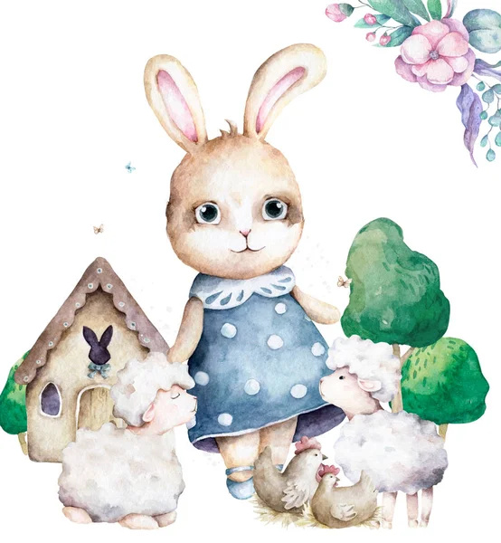 Hand drawn watercolor cute set with bunny with sheep and house farm design. Rabbit bohemian cartoon style, isolated boho illustration on white background — 스톡 사진