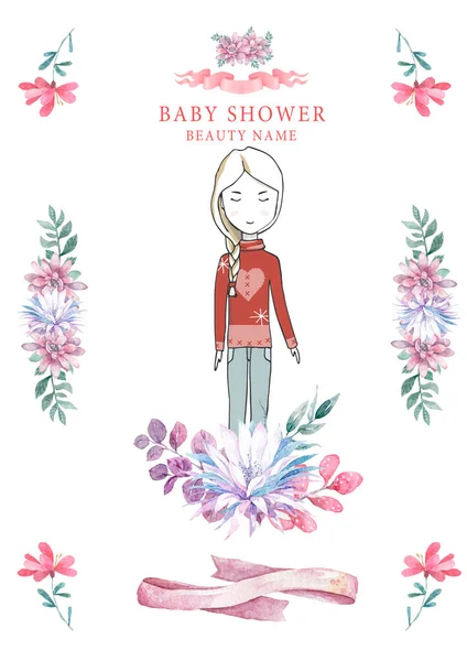 Doğum günü kartı ile şirin küçük Prenses ve pembe çiçekler ve çiçek. Güzellik tasarım kart kutlama için beyaz arka plan üzerinde davet — Stok fotoğraf