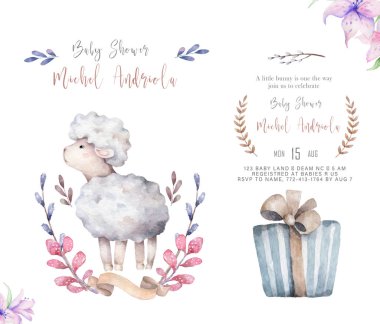 Beyaz Koyun Bebek Kuzusu kalıyor ve bulutlanıyor. Beyaz Arkaplanda tasarım için izole edilmiş şirin suluboya karikatür çizimi