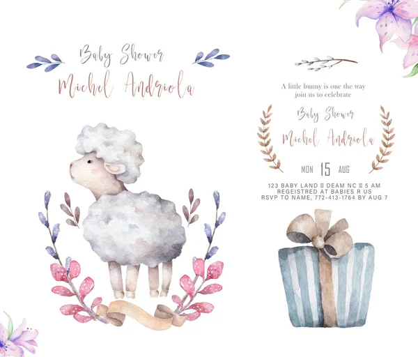 White Sheep Baby Lamb ficar e nuvem. Desenho animado bonito Watercolor Isolado no fundo branco para design — Fotografia de Stock