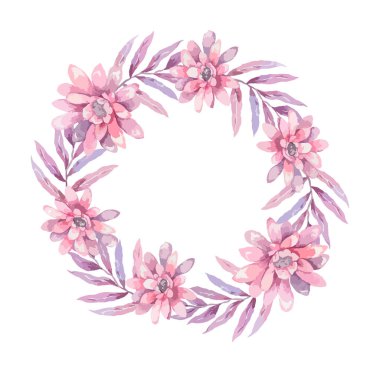 Davetiye. Düğün ya da doğum günü kartı. Çiçek çerçevesi. Pembe bahar, kırmızı, mavi ve yeşil yapraklı suluboya arkaplan. Boho tarzı. Güzellik izole buket daire çerçeve arka planı
