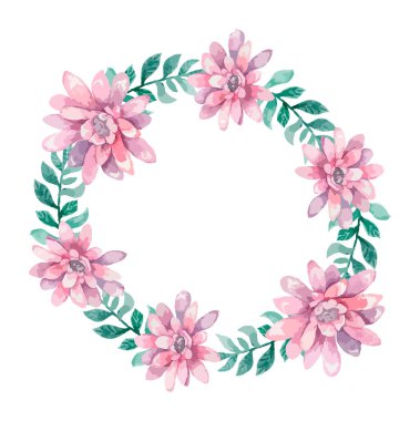 Davetiye. Düğün ya da doğum günü kartı. Çiçek çerçevesi. Pembe bahar, kırmızı, mavi ve yeşil yapraklı suluboya arkaplan. Boho tarzı. Güzellik izole buket daire çerçeve arka planı