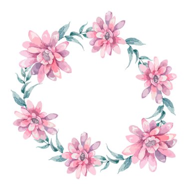 Davetiye. Düğün ya da doğum günü kartı. Çiçek çerçevesi. Pembe bahar, kırmızı, mavi ve yeşil yapraklı suluboya arkaplan. Boho tarzı. Güzellik izole buket daire çerçeve arka planı