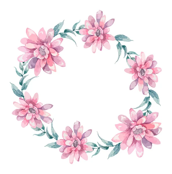 Convite. Casamento ou cartão de aniversário. Moldura floral. Fundo aquarela com mola rosa flores vermelhas e azuis e folhas verdes. Estilo Boho. Beleza isolado bouqet círculo quadro fundo — Vetor de Stock