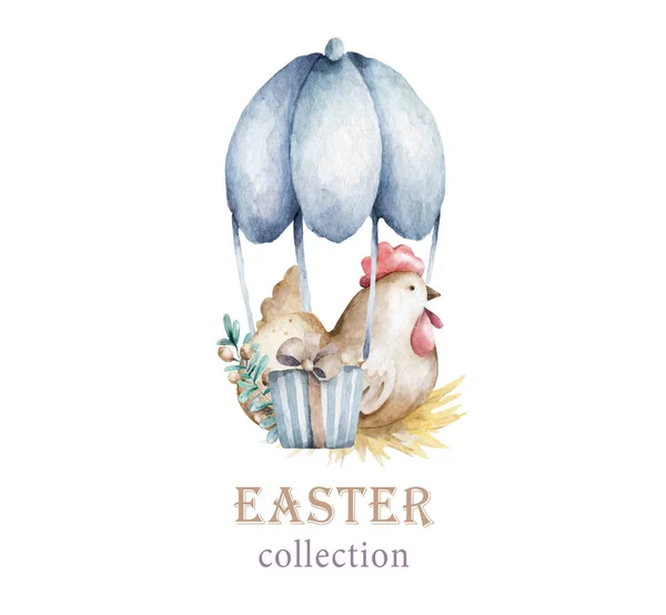 Osterhuhn mit Ostereiern. niedliche handgezeichnete Illustration auf weißem, isoliertem Hintergrund — Stockfoto