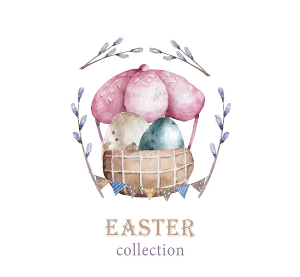 Cesto vintage uova di Pasqua Carino disegnato a mano acquerello illustrazione per biglietto di auguri su sfondo bianco isolato — Foto Stock