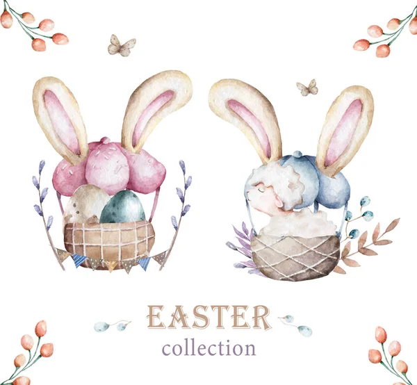 Vintage Basket uova di Pasqua e pecore Carino disegnato a mano acquerello illustrazione per biglietto di auguri su sfondo bianco isolato — Foto Stock