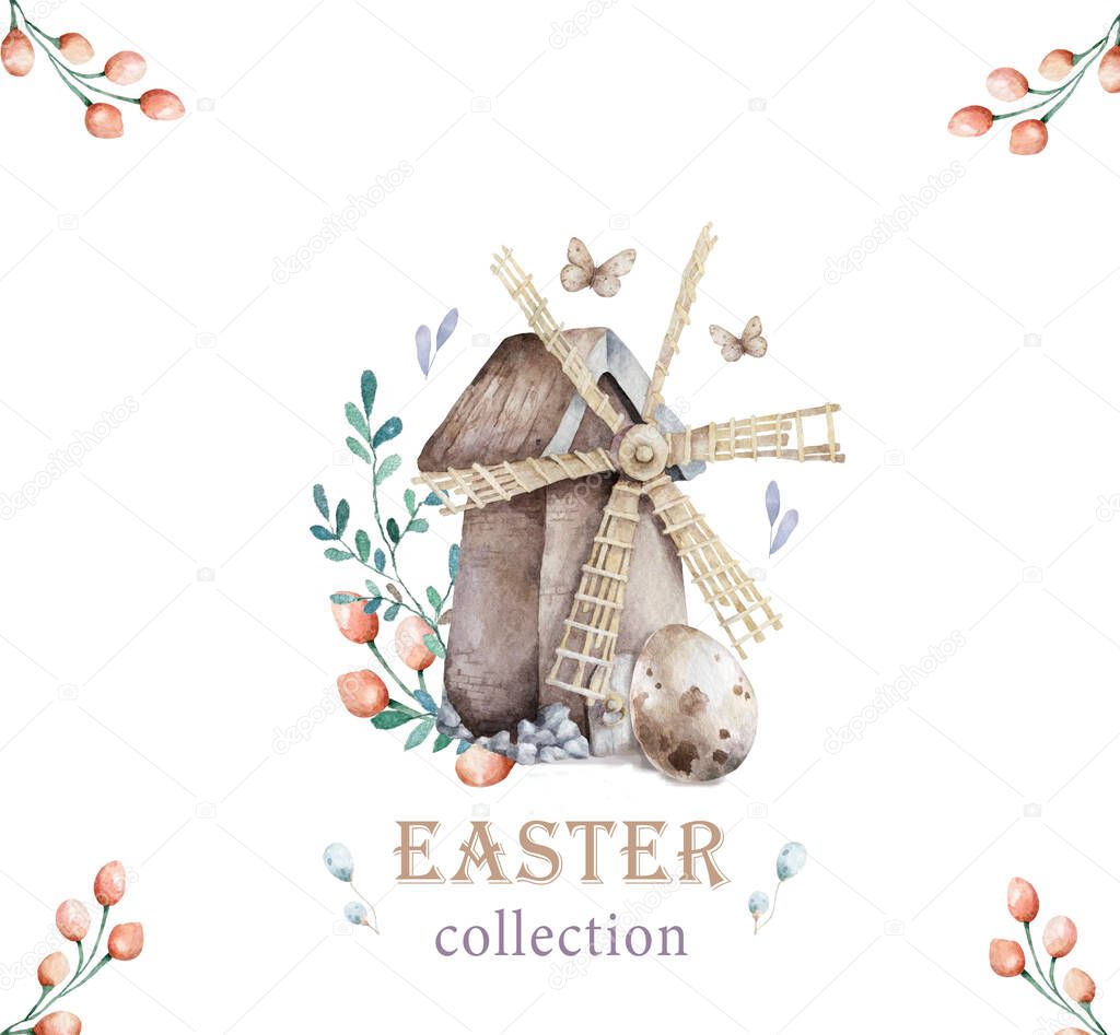 Watercolor Happy Easter set, Mill with eggs and flower and spring floral, isolated on a white background, vintage watercolor illustration for design