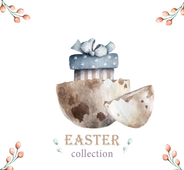Uovo di Pasqua con regalo Carino acquerello illustrazione boho stile su sfondo bianco isolato — Foto Stock