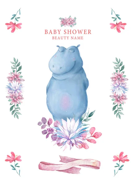 Bonito cartão de aniversário feliz com hipopótamo. aquarela hipopótamo e flores rosa beleza, floral e folha para cartão de saudação . — Fotografia de Stock