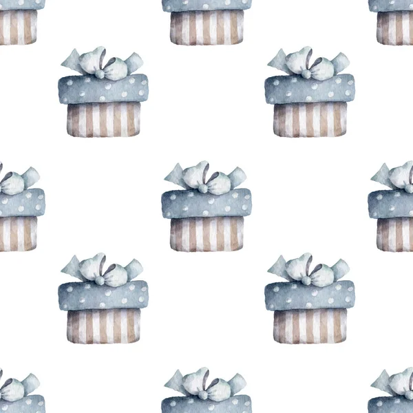 Nahtlose Muster aus Vintage-Boxen mit Geschenken und Schleifen. handgezeichnete Aquarell-Cartoon-Illustration auf weißem, isoliertem Hintergrund. Boho-Stil — Stockfoto