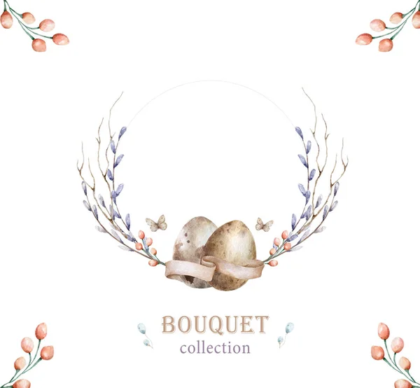 Elegantní velikonoční kytice s vrbovou větví a vejci. Ručně kreslené akvarel ilustrace na bílém izolovaném pozadí — Stock fotografie