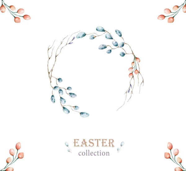 Elegant Easter day Bouquet design with willow branch and stick. Hand drawn watercolor illustration on white isolated background