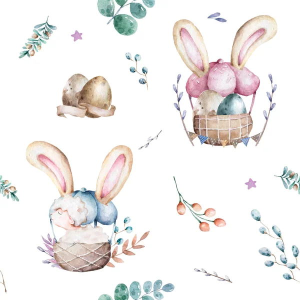 Бесшовный узор Винтажная корзина Пасхальные яйца и овцы Симпатичные руки нарисованные акварелью иллюстрации для поздравительной открытки на изолированном белом фоне — стоковое фото