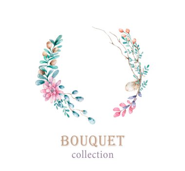 Suluboya çiçek çerçevesi. Tüylü, yapraklı ve çiçeklerle boyanmış bir çelenk. selamlama buket tasarımı