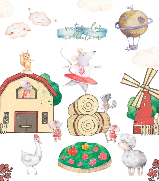 Granero lindo con varios animales de granja ilustración dibujada a mano de dibujos animados Acuarela. Personajes divertidos sobre fondo blanco aislado —  Fotos de Stock