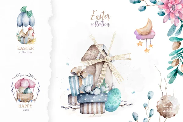 Watercolor Happy Easter set, Mill with eggs and flower and spring floral, isolated on a white background, vintage watercolor illustration for design — Stock Photo, Image