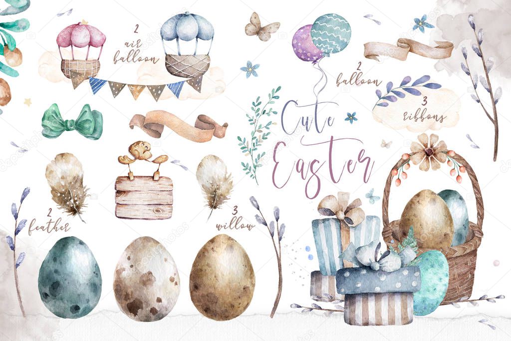 Vintage design elements for the Easter holiday. Easter, eggs, flowers, basket, feather, butterflies. Isolated on white background. Hand drawn illustration in watercolor style