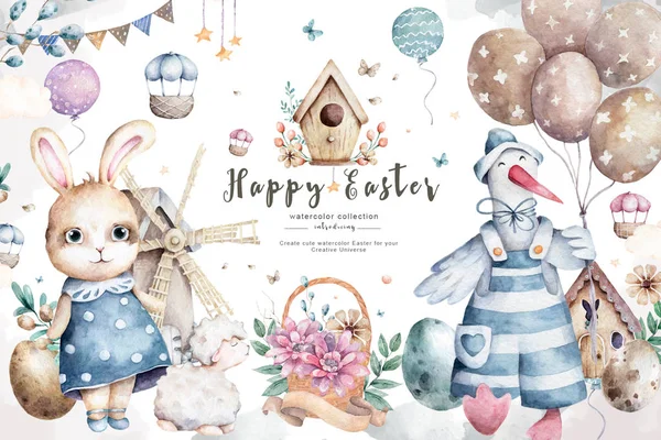 Aranyos nyuszi és liba rajzfilm visel kalap léggömb és húsvéti tojás ajándékdobozzal. Kézzel rajzolni aranyos akvarell illusztráció design — Stock Fotó