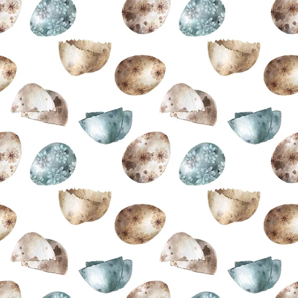Nahtloses Muster mit rissiger Eierschale. Aquarell handgezeichnet Set Eierschalen-Hälften über weißem, isoliertem Hintergrund. Osterkollektion — Stockfoto